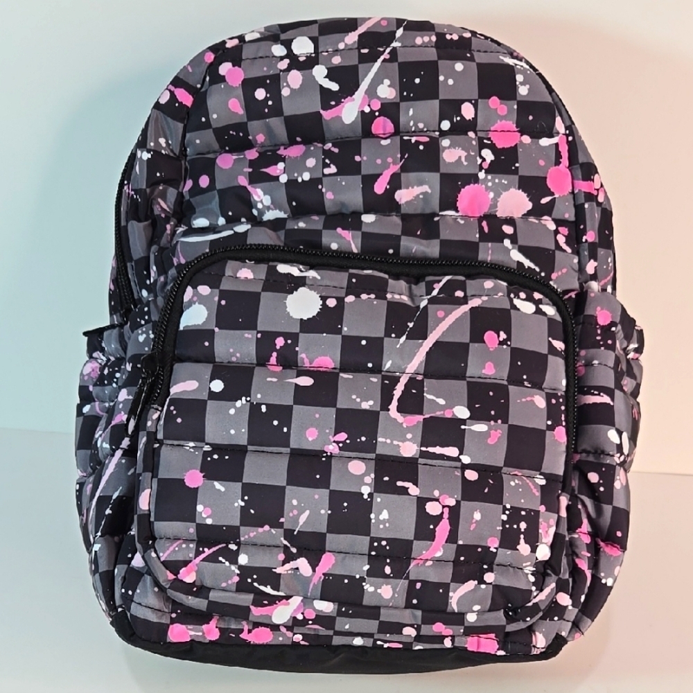 NWT Checkered Backpack with Pink and White Splatter Zippered Padded